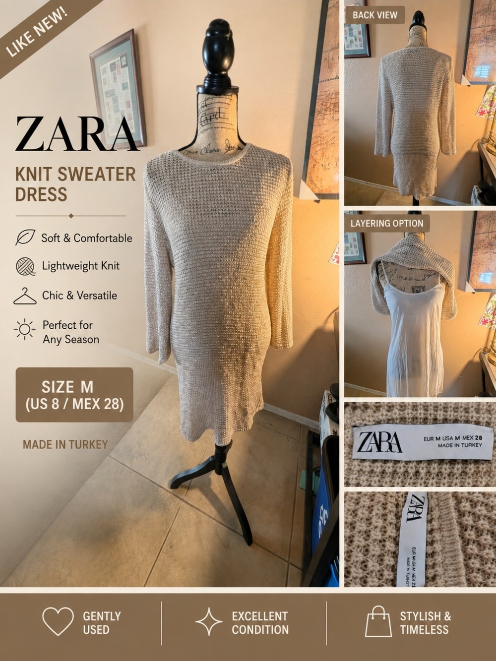 Zara Beige Knit Sweater Dress - Lightweight Crew Neck